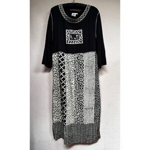 Usindo Pasadena Handmade 3/4 Sleeve Midi Dress Large Black White Batik Rayon